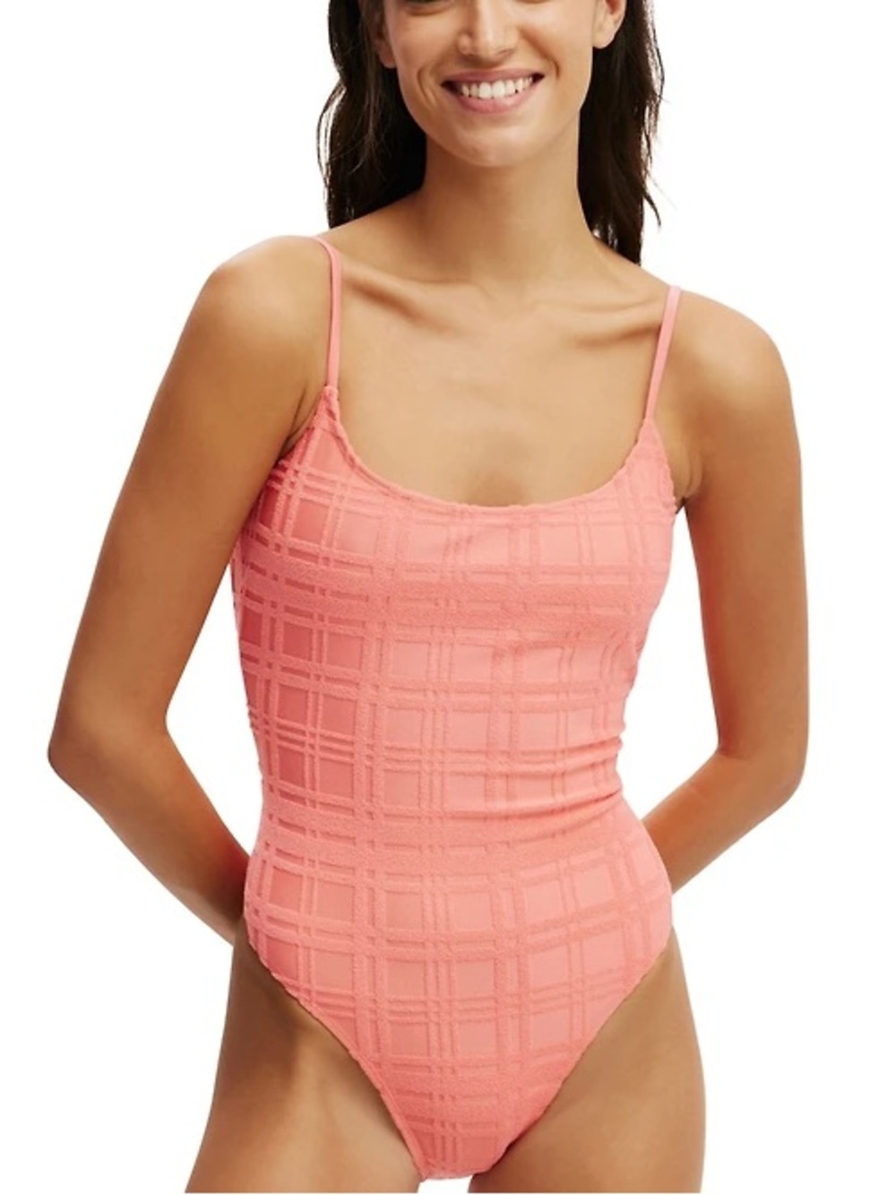 Cotton On Body Terry Jacquard One Piece Swimsuit Shell Pink Cheeky Thin Strap L
